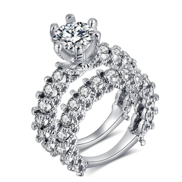 Elegant Zircon Silver Engagement & Wedding Ring Set